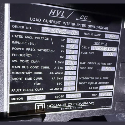Square D 600 Amp HVL/cc Switchgear