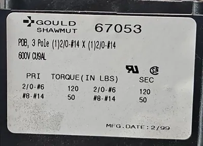 Gould SHAWMUT 67053 POWER DISTRIBUTION BLOCK 3 POLE 600V. Loc4E-28