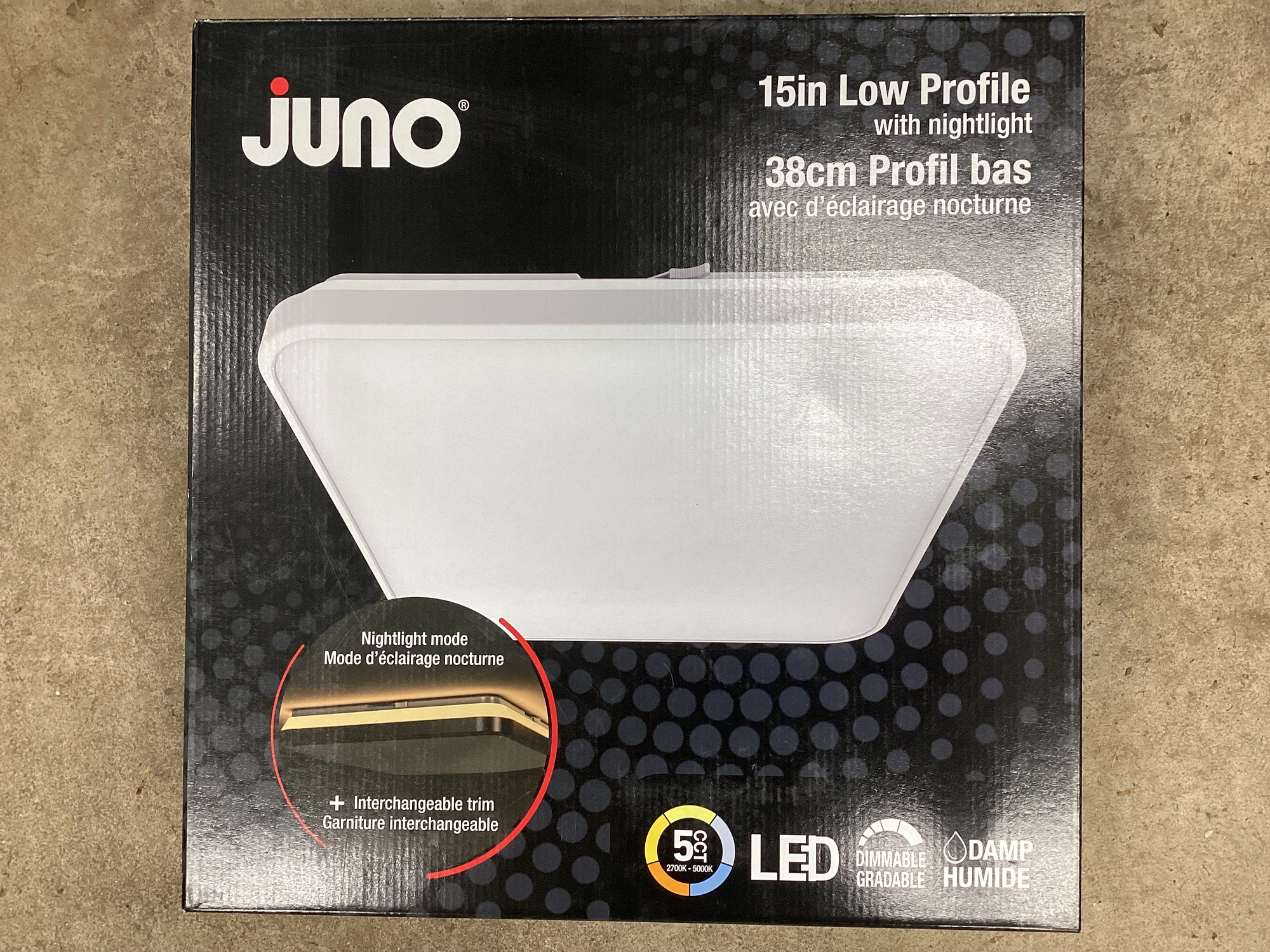 New JUNO 15” low profile LED ceiling light with nightlight mode. Interchangeable trim. 1790 lumens, ...