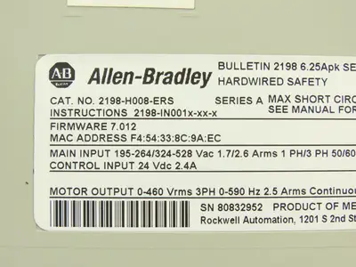 Allen Bradley 2198-H008-ERS Kinetix 5500 Servo Drive 20A Ser A Firmware 7.012