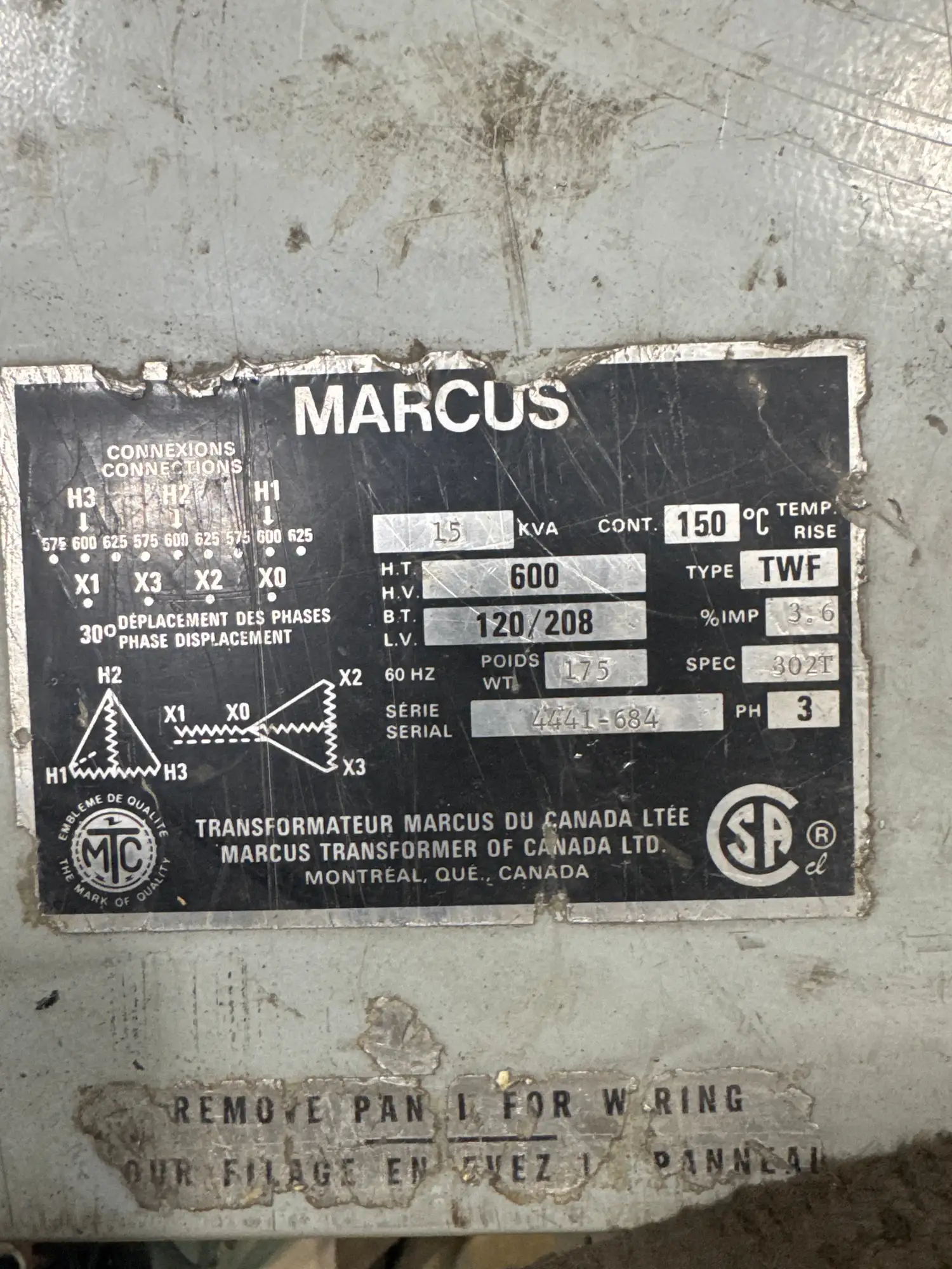 15 KVA - 600V  to 120/208V 3 Phase Isolated Transformer