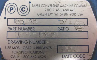 NEW PAPER CONVERTING MACHINE CO. 0221-16251 GEAR REDUCER 5:1 022116251