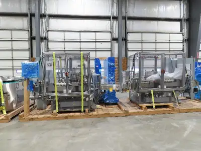 Shibuya Hoppmann Norwalt Aerosol Can Puck Sorter Inserter Line w/ Feeder Hopper