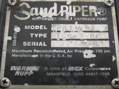 USED WARREN RUPP PB1-1/2-A DIAPHRAGM PUMP TGN-3-PP PB112A
