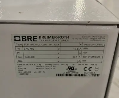 Used Breimer-Roth Transformatoren Transformer Three-Phase 16kVA Pri. 3AC 480V Distribution Transformers Michigan US | Maverick Industrial Sales #1424574