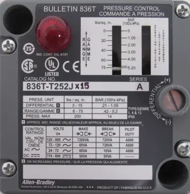 NEW ALLEN BRADLEY 836T-T252JX15 PRESSURE CONTROL SWITCH SER.A 836TT252JX15