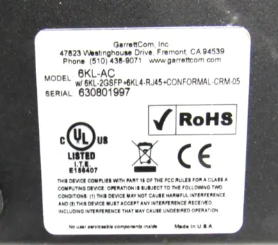 USED GARRETT COM 6KL-AC ETHERNET MANAGED EDGE SWITCH 6KLAC