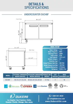 New | in-Stock Dukers New Dukers DUC48F 2-Door Undercounter Freezer in Stainless Steel Undercounter Freezers Illinois US | Falcon Restaurant Supply #1376256