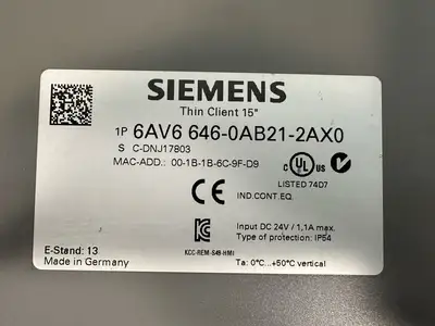 Siemens 6AV6-646-0AB21-2AX0 SIMATIC THIN CLIENT 15" Touch Screen (8.6.8)