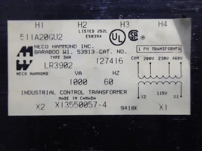 Neco Hammond 511A20GU2 1000 VA Dry Type Transformer 200/230/460 HV 115 LV Used