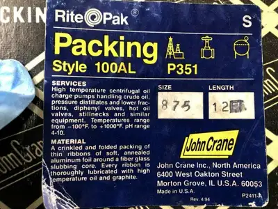 John Crane Rite-Pak 0.875-S Compression Packing 100AL P351 12′ X 0.875″ -NIB