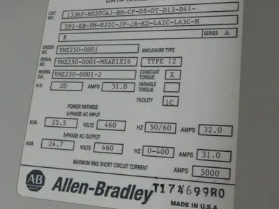 Allen Bradley 1201-HJ2 Sensorless Vector VFD Electrical Enclosure 61x34x14"