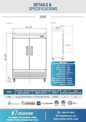 New | in-Stock Dukers New Dukers D55R Stainless Steel Solid 2-Door Commercial Reach-in Refrigerator Refrigerators Illinois US | Falcon Restaurant Supply #1376292