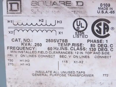 Square D 250SV75B Step Down Power Transformer 0.250KVA 1pH HV 230/270V LV 115V