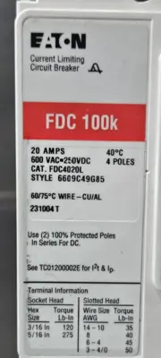 Eaton FDC 100K / FDC4020L 20A 600VAC 4 poles Circuit Breaker (BIN732)