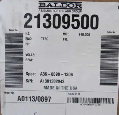 NEW BALDOR 21309500 MOTOR 60HP 220/380V 364T 2-3/8" A36-0098-1306