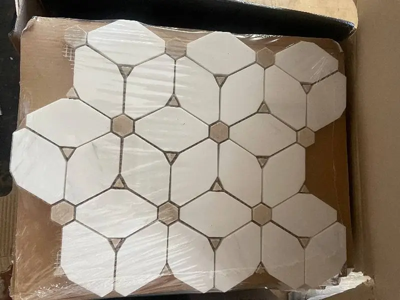 Cecily Mosaic Tile Sheets - White Octagon with Tan Centers, 12.6 x 10.83 in, 0.38 in Thick, 14 Sheets