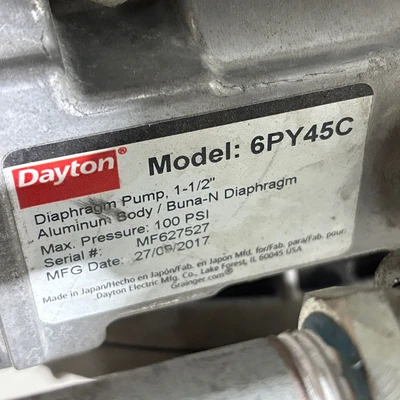 Used Dayton 6PY45C Diaphragm Pumps Indiana US | J&J Industrial Supply #1368428