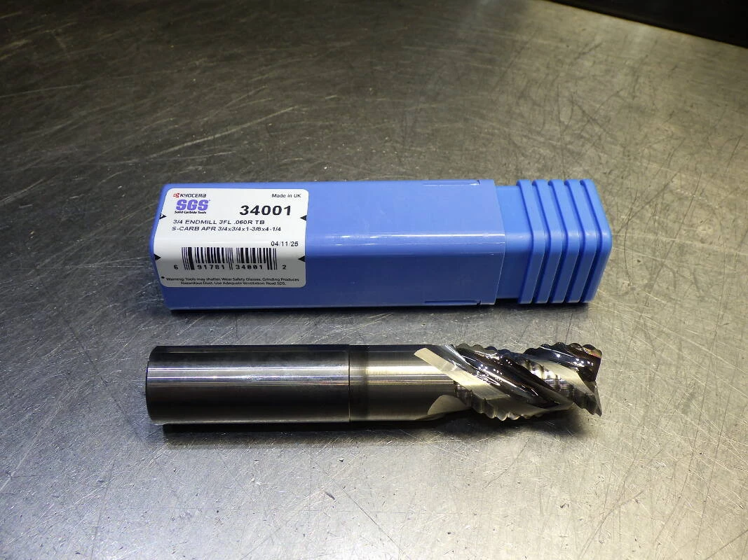 Kyocera / SGS 3/4" 3 Flute Coolant Thru Carbide Cr Endmill .06 R 34001 (LOC2939A)