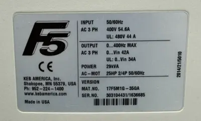 USED KEB 17.F5.M1G-35GA COMBIVERT F5 DRIVE W/ 00.F5.060-3000 PROFIBUS KEYPAD