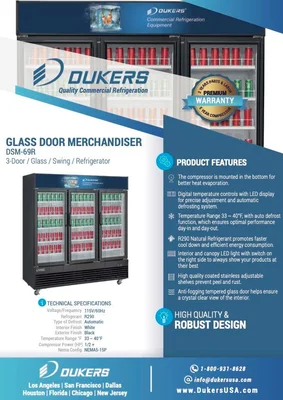 New | in-Stock Dukers New Dukers DSM-69R Commercial Glass Swing 3-Door Merchandising Reach-in Cooler Refrigerator Display Refrigerators Illinois US | Falcon Restaurant Supply #1376358