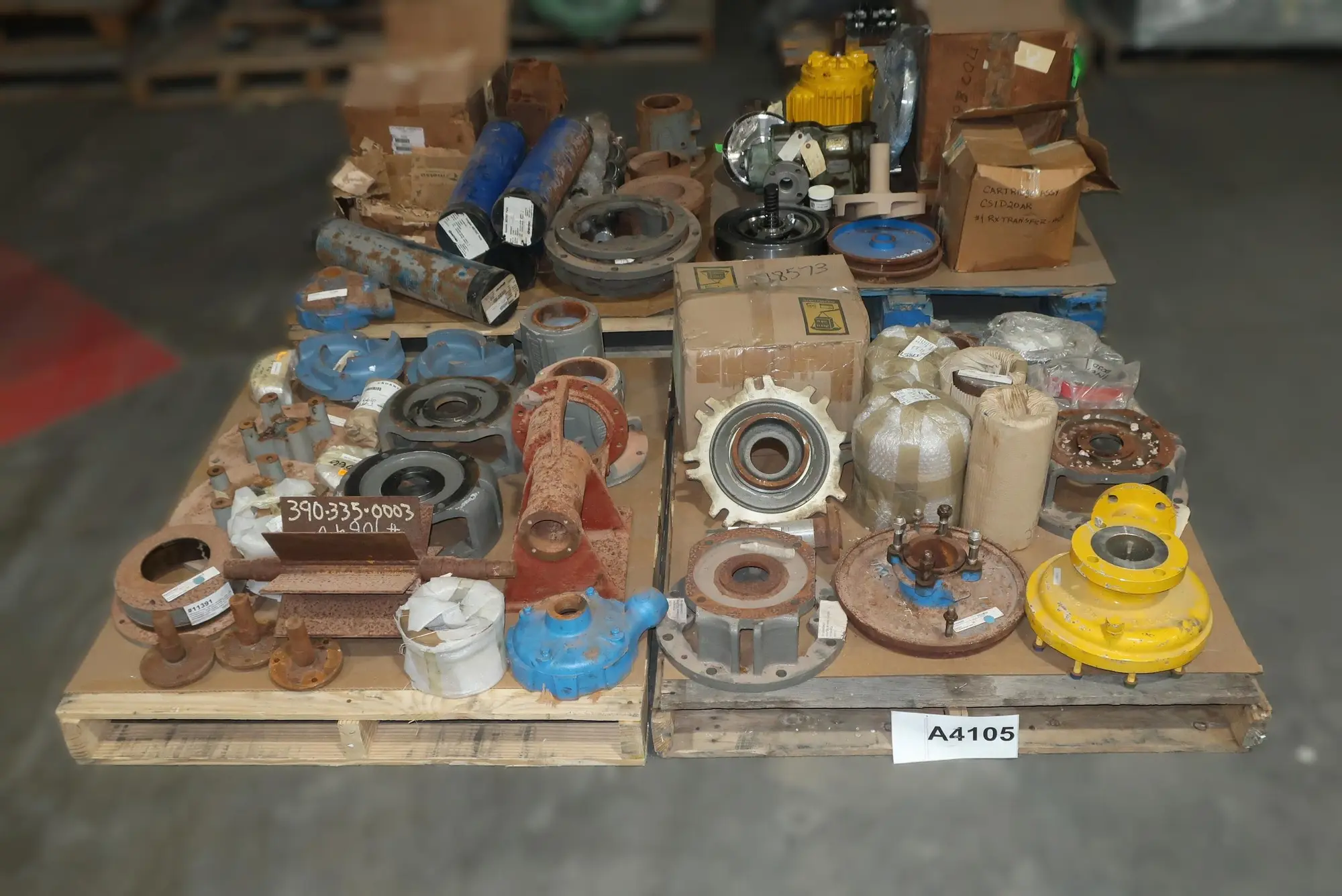 4 PALLETS OF ASSORTED PUMP REPLACEMENT PARTS, CASTINGS, RINGS, PEPELLERS