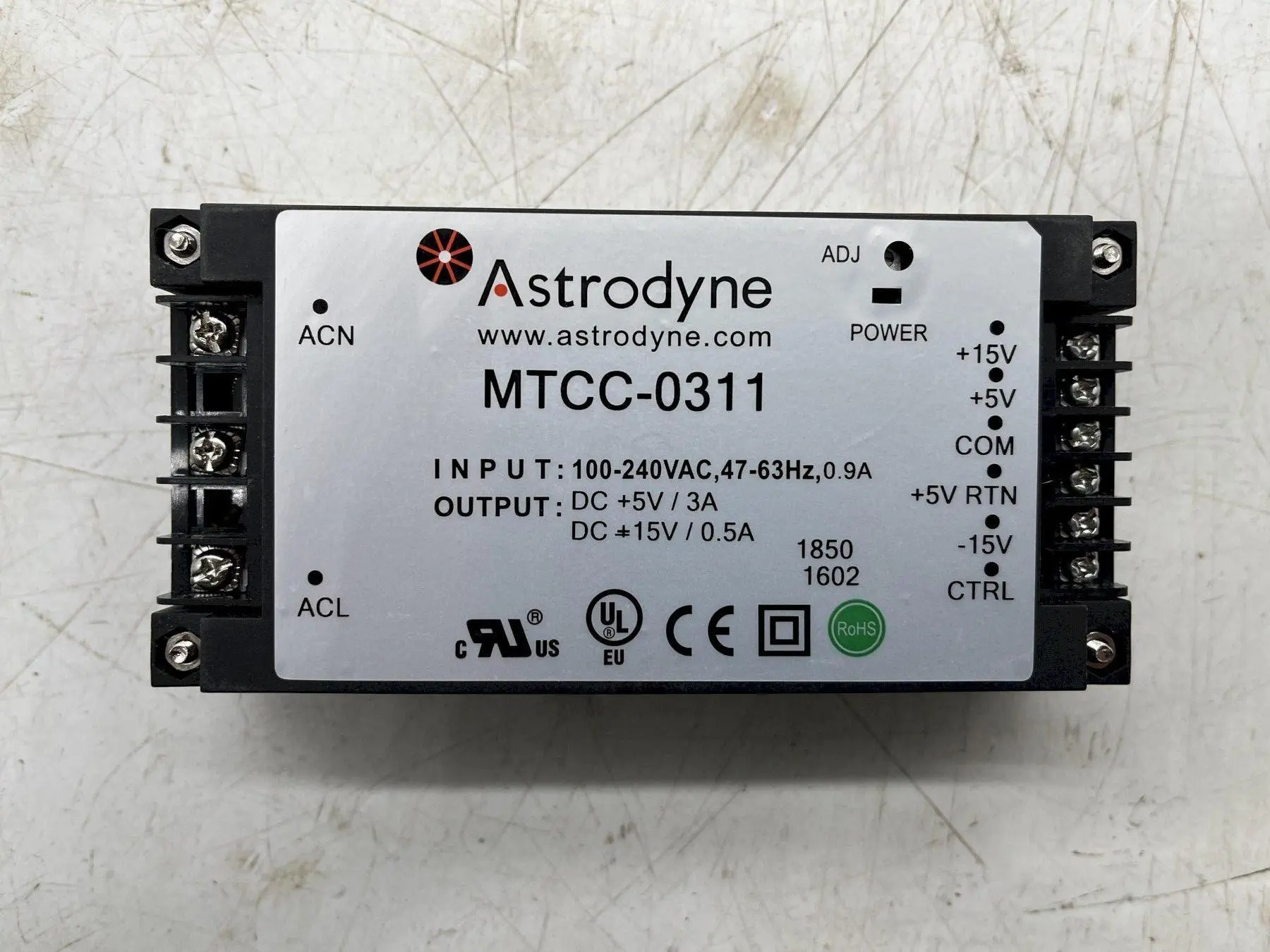 ASTRODYNE MTCC-0311 POWER SUPPLY 100-240VAC, 47-63Hz  // OUTPUT: DC +5V/ 3A STOCK #16309