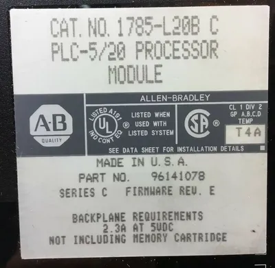ALLEN-BRADLEY 1785-L20B/C PLC-5/20 PROCESSOR MODULE Firmware Rev. E 3C