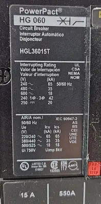 Square D HGL36015T Power Pact 3-Pole Thermal Magnetic Circuit Breaker. Loc4B-26