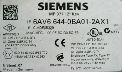 USED SIEMENS 6AV6 644-0BA01-2AX1 OPERATOR INTERFACE MP 377 12" 6AV66440BA012AX1