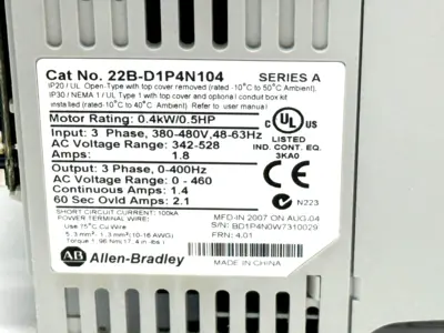 22B-D1P4N104 | Allen-Bradley  Ser A PowerFlex 40 AC Drive 0.4kW 0.5HP 380-480V - For parts or not working