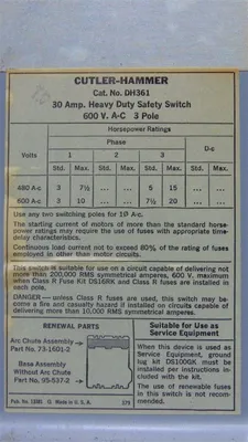 Cutler Hammer DH361 Heavy Duty Fusible Safety Switch 30 Amps 600VAC Used