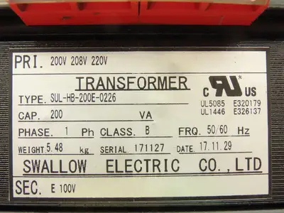 Swallow SUL-HB-200E-0226 Step-Down Transformer Pri 200-208-220V Sec 100V 1Ph