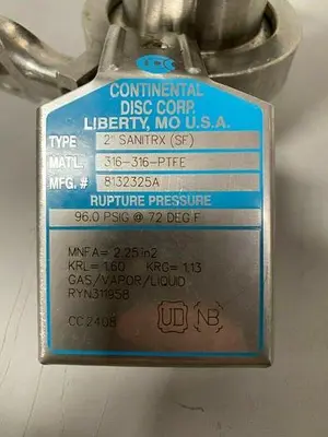 USED STAINLESS STEEL COLUMN W/ 2" SANTRIX 96 PSIG RUPTURE DISC & PRESSURE GAUGE