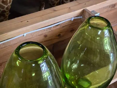 Lot of (2) Handblown Art Glass Table Vases by Holmegaard 6" x 12" (green) (rounded triangle)