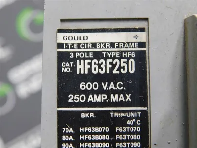 Gould HF63F250 Circuit Breaker 600VAC 250A 3 Pole 225A Rating Plug Chipped Used