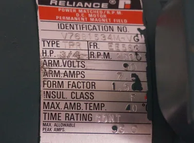 USED RELIANCE ELECTRIC V76B1534M-VG MOTOR 3/4HP, 2500RPM, TPR, EE56C