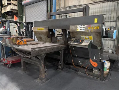 HydMech H-22A 22"x22" Horizontal Bandsaw (Blue roller conveyor in back of saw is excluded)