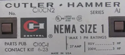 NEW CUTLER HAMMER C10CN2A MAGNETIC CONTACTOR SIZE 1 120V
