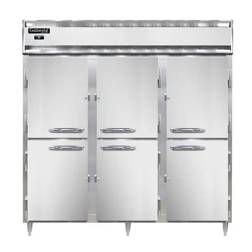 Continental D3RNSAHD 78" Three Section Reach In Refrigerator, (6) Left/right Hinge Solid Doors, Top Compressor, 115v