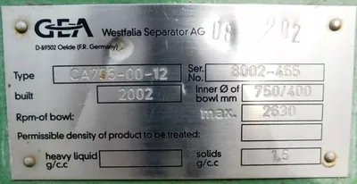 (7) Westfalia CA 755-00-12 decanter centrifuges, 2205SS.