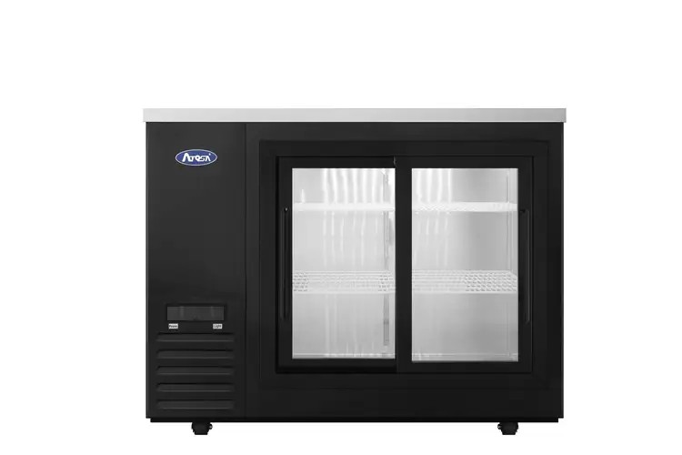 New | in-Stock Atosa New Atosa SBB48SGGRAUS2 48" Back Bar Cooler w/ Sliding Glass Door Shallow Depth (Black Exterior) Bottle Coolers Illinois US | Falcon Restaurant Supply #1375555
