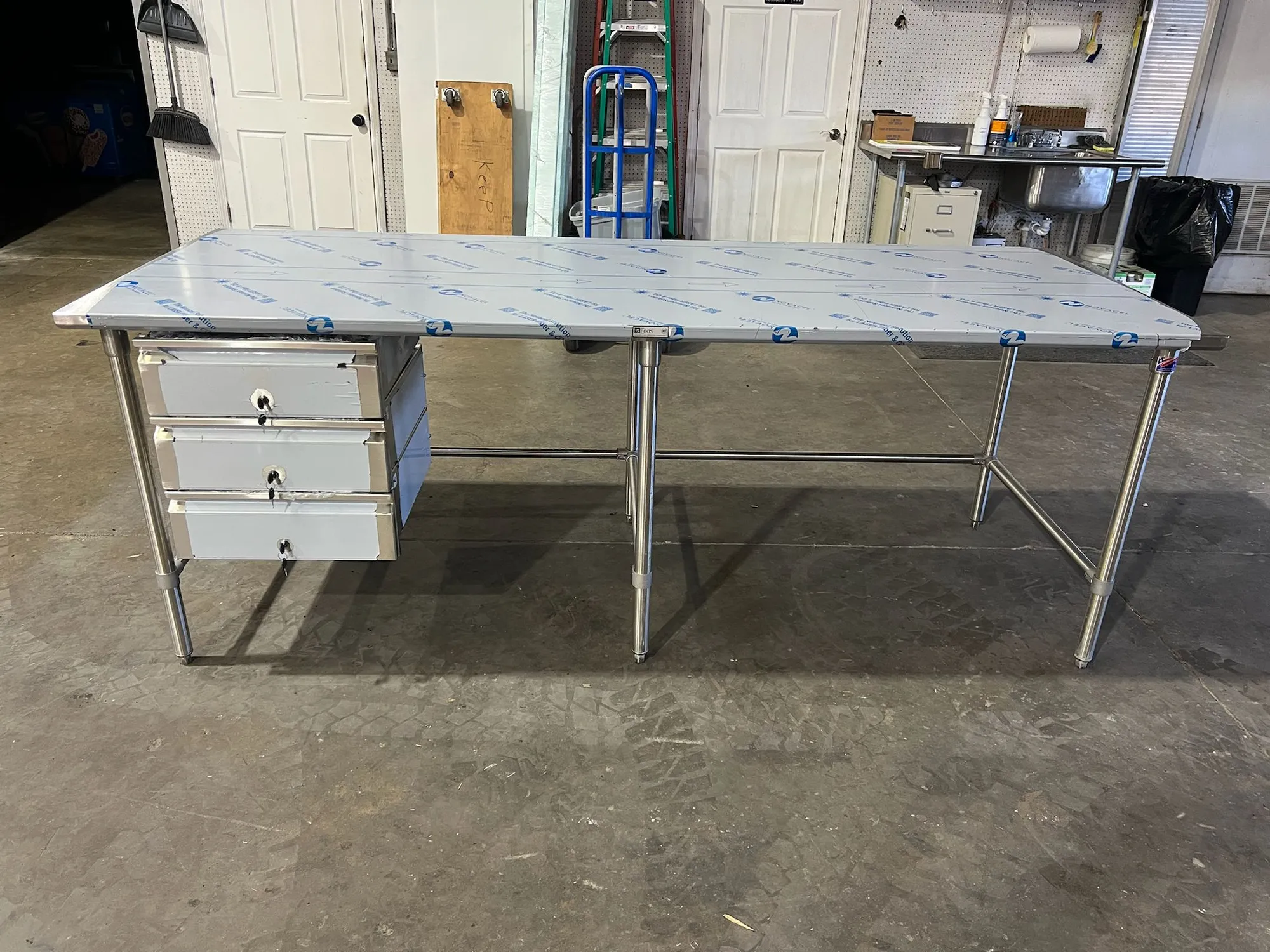 New | in-Stock John Boos New John Boos 96"x36" Stainless Steel Table with 3 Drawers Food Prep Tables Illinois US | Falcon Restaurant Supply #1375045
