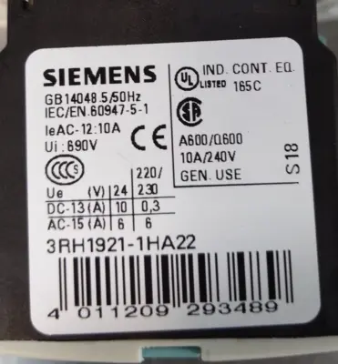 Siemens 3RT1034-1B.0 w/ 3RH1921-1HA22 Contactor Loc 4D26