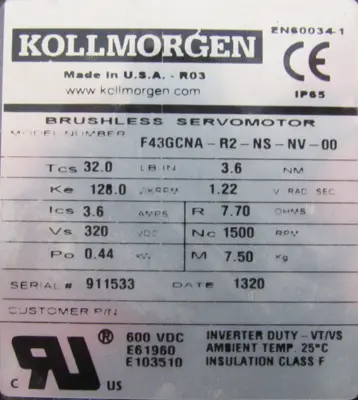 NEW KOLLMORGEN F43GCNA-R2-NS-NV-00 SERVO MOTOR F43GCNAR2NSNV00