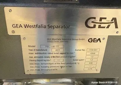 Used GEA WESTFALIA FTC 1-06-107 Disc Automatic Centrifuges Illinois US | Aaron Equipment #1287076