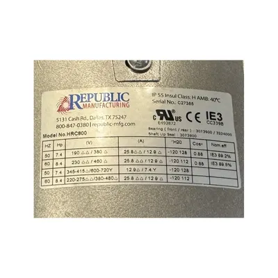 New | in-Stock REPUBLIC BLOWER SYSTEMS HRC800 Blowers West Virginia US | JM Industrial #1332438