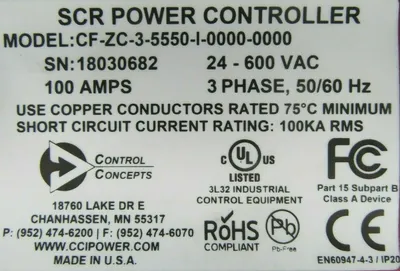NEW CONTROL CONCEPTS CF-ZC-3-5550-I-0000-0000 SCR POWER CONTROLLER 100A