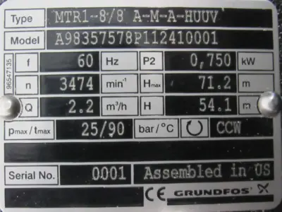 NEW GRUNDFOS MTR1-8/8 A-M-A-HUUV PUMP 98357578 MTR188AMAHUUV
