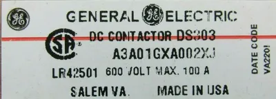 NEW GENERAL ELECTRIC A3A01GXA002XJ DC CONTACTOR 100A 600V DS303 LR42501